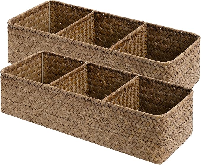 StorageWorks Toilet Paper Basket for Back of Toliet,Basket with 3 Enlarged Compartments, Seagrass Toilet Paper Storage Baskets, 17¼" x 6" x 4¼", Brown, 2-Pack