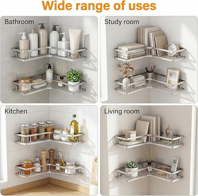 2 Pack Corner Shower Caddy, Adhesive Shower Organizer No Drilling Bathroom Shelves, Carbon Steel Storage Rack with 8 Hooks, Silver