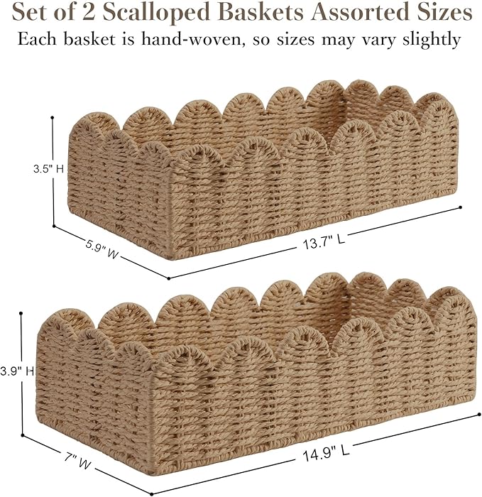 2 Pack Scalloped Wicker Toilet Paper Storage Basket, Handwoven Paper Rope Basket Organizer for Toilet Tank & Shelves, Decorative Woven Storage Bin for Living Room, Bedroom & Entryway, Beige