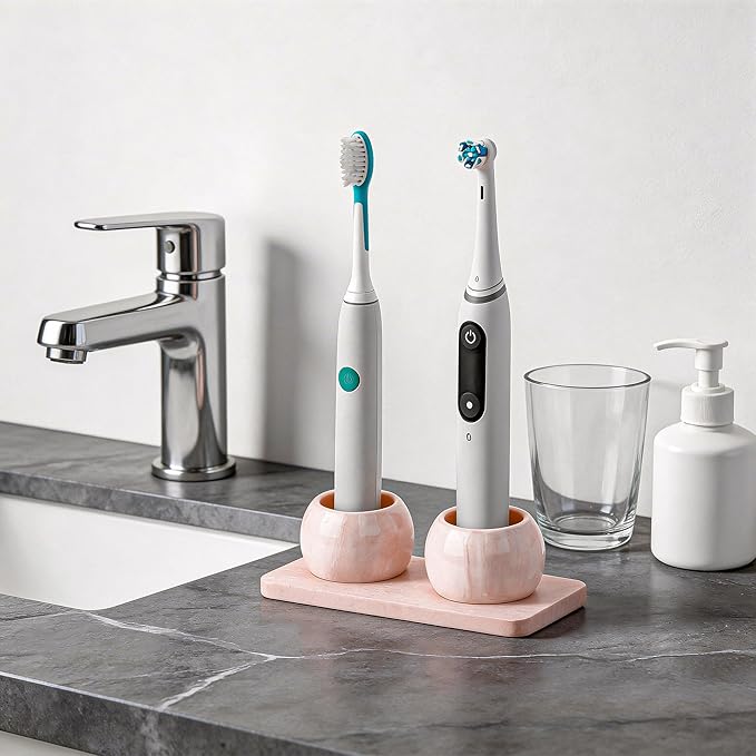2 Pack Ceramic Toothbrush Holder with Diatomite Toothbrush Tray for Bathroom Shower Countertop Storage Organizer, Small Toothpaste Razor Electric Tooth Brush Head Stand (Pink)