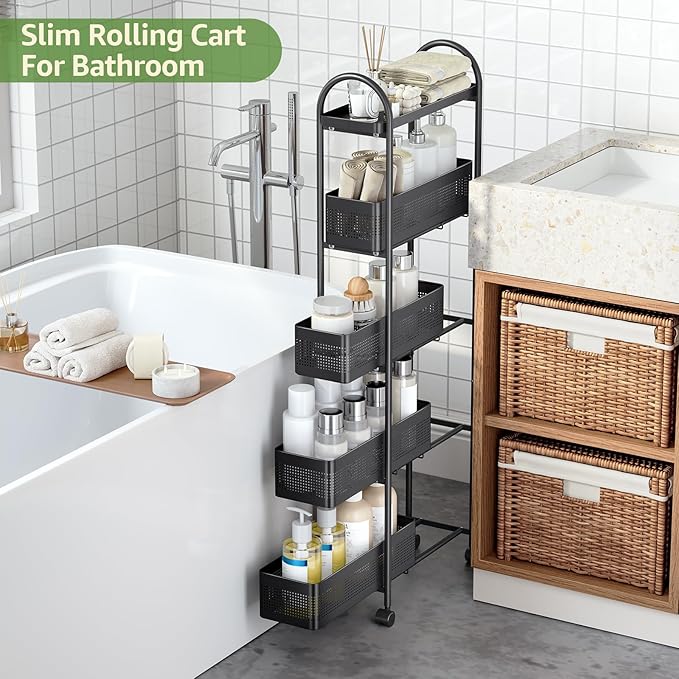 5-Tier Slim Storage Cart with Drawer, Rolling Utility Cart on Wheels, Narrow Metal Cart for Space Save, Lockable Wheels, Easy Assembly for Kitchen Cart, Craft Cart, Nursery Organizer, Laundry