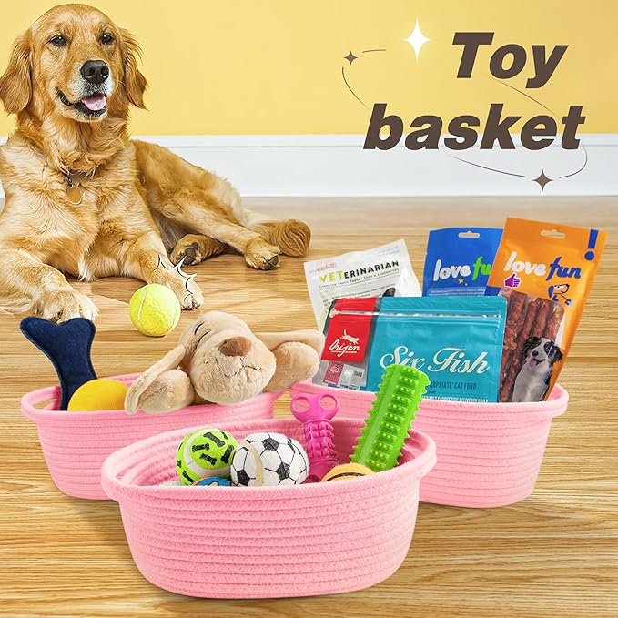 Pro Goleem Small Woven Basket with Gift Bags and Ribbons Durable Baskets for Gifts Empty Small Rope Basket for Storage 12"X 8" X 5" Baby Toy Basket with Handles, Pink