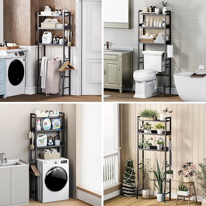 Over the Toilet Storage Shelf 3-Tier Adjustable Bathroom Organizers and Storage Shelves Bathroom Rack Above Toilet Storage with Paper Holder and 4 Hooks Space Saver Storage for Laundry