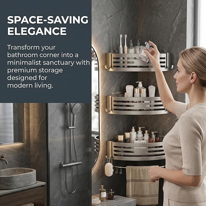 corner shower rack, non drilled self-adhesive corner rack, shower rack, shower caddy,cormer shelf,Storage rack, 2-piece, set matte gray,space aluminum