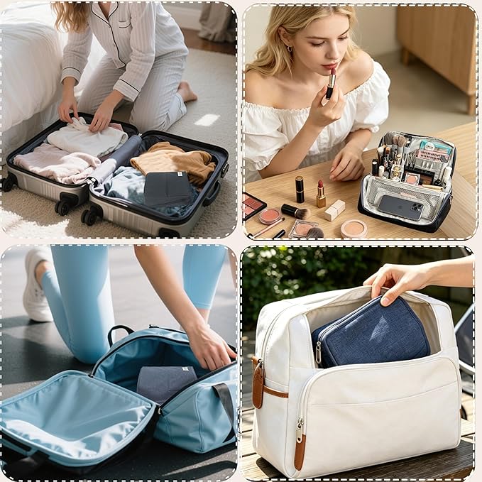 standing Makeup Bag, Compact Yet Spacious Cosmetic Organizer, Waterproof Toiletry Bag with Divider, Brush Holder, Upright Design & Phone/Mirror Holder, Portable Travel Case,blue
