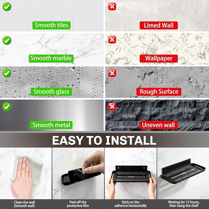 ACEXINYAN Wall Mounted Floating Shelf, Self Adhesive Shelf, No Drill Adhesive Wall Shelf, Floating Shelves Damage-Free Expand Walls Space for Living Room Kitchen Bathroom (2, Black)