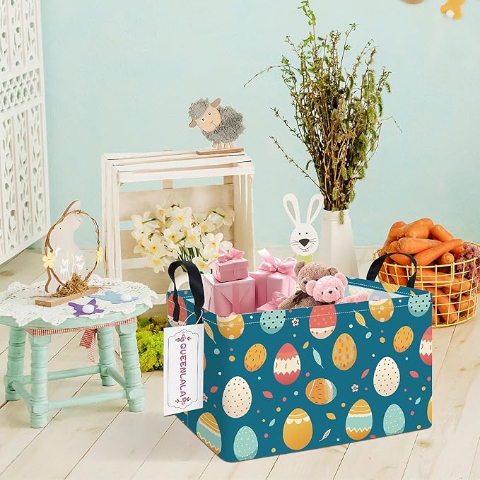 QUEENLALA Rectangular Laundry Hamper/Foldable Nursery Laundry Basket for Organizing/Storage Bin Baskets/Children Toy Office Bedroom/Toy Bin Closet Shelf Baskets (Rec-Blue Easter eggs)