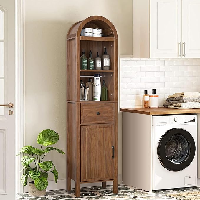 Lxsxlome 64" Tall Bathroom Storage Cabinet with Adjustable Shelves,Tall Narrow Arched Freestanding Tower Cabinet with Fluted Doors and Drawers,Space Saving Organizer for Bathroom Living Room (Walnut)