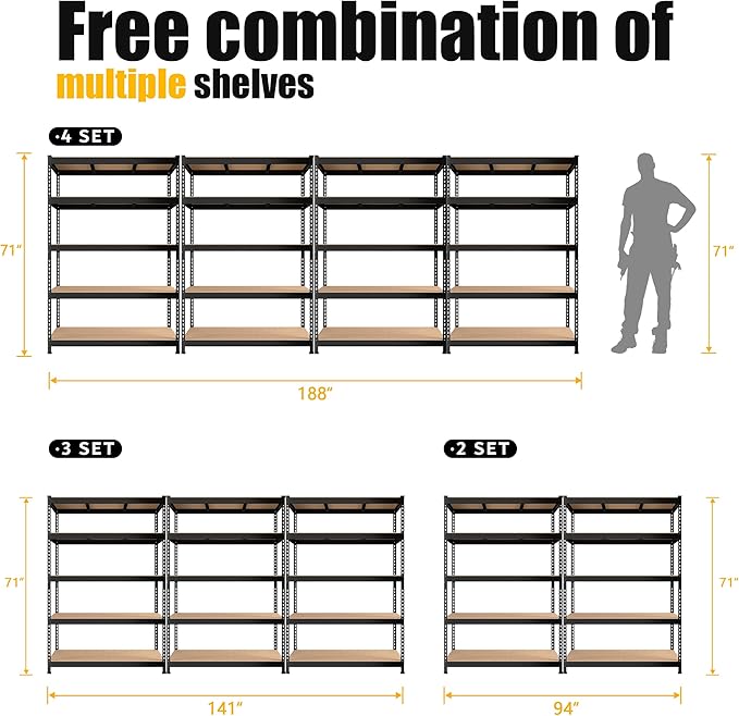PrimeZone 6 Pack Heavy Duty Storage Shelves - 47"W x 18"D x 71"H 5 Tier Adjustable Garage Storage Shelving, Metal Utility Rack Organizer Shelf Unit for Warehouse Pantry Closet Kitchen Basement, Black