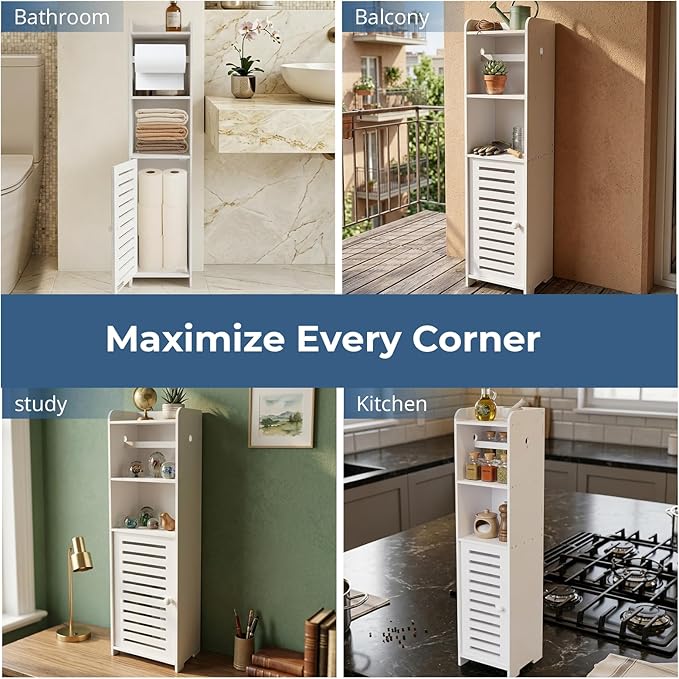 BorealBear Slim Bathroom Cabinet with Toilet Paper Holder Spindle, Fits Mega & Super Mega Rolls, Narrow Freestanding Floor Cabinet with Door and Shelves, Anti-Tip Wall Anchor Included