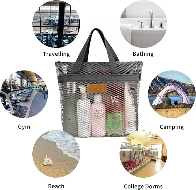 TOPASION Mesh Shower Caddy Bag Portable Hanging Toiletry and Bath Organizer with Zipper for Travel, Gym, Camping, College Dorms, Beach
