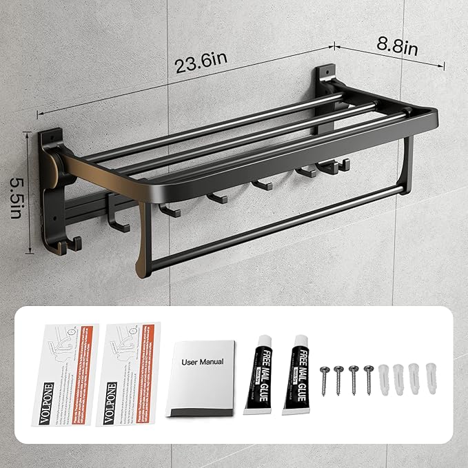 VOLPONE 24 Inch Towel Rack with Towel Bar Holder Foldable Towel Shelf with Movable Hooks Rustproof Towel Storage Wall Mount for Bathroom Lavatory Matte Black
