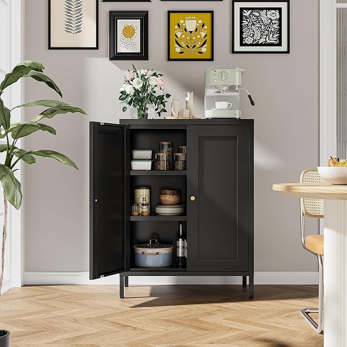 Bevivog Small Bathroom Storage Cabinet, Black Metal Locker Cabinet with 2 Doors and 2 Adjustable Shelves, Metal Floor Cabinets Sideboard for Home Office, Living Room, Hallway, Entryway