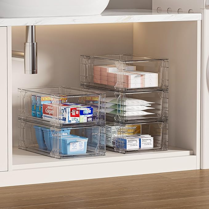 4 pack clear Drawer-Type Plastic Storage Box Bins Organizer,Family First Aid Kits Medicine cabinet Box Organizer,Closet ,Shelf,Ointments, Adhesive Bandages,Cosmetics,Office Items (clear, ZZ4L)