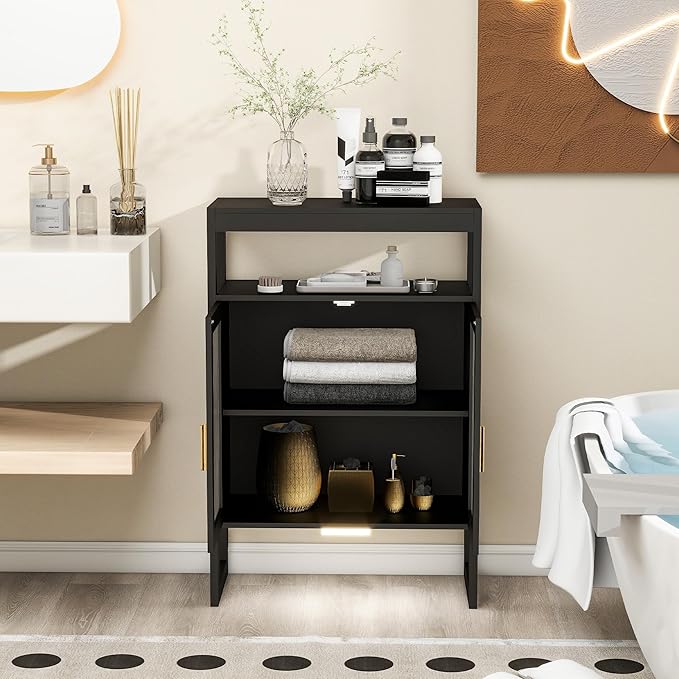 Bathroom Floor Storage Cabinet Freestanding Organizer with Sensor Light & Acrylic Doors for Bathroom, Home Office, Bedside, Sofa Side Table