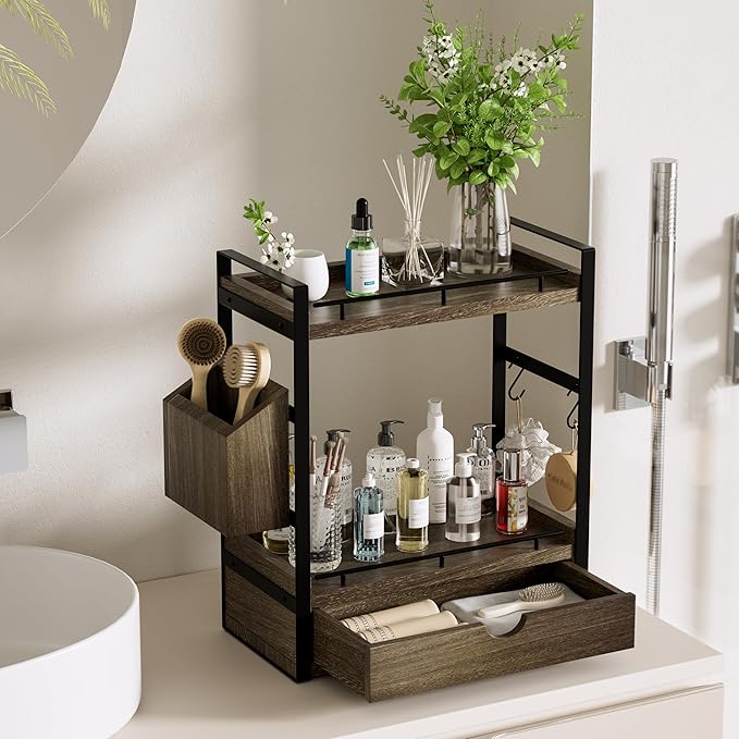 2-Tier Wood Bathroom Counter Organizer, Countertop Organizer with Drawer and Storage Basket, Bathroom Sink Organizer for Vanity, Skincare, Makeup, and Daily Essentials (Dark Brown)