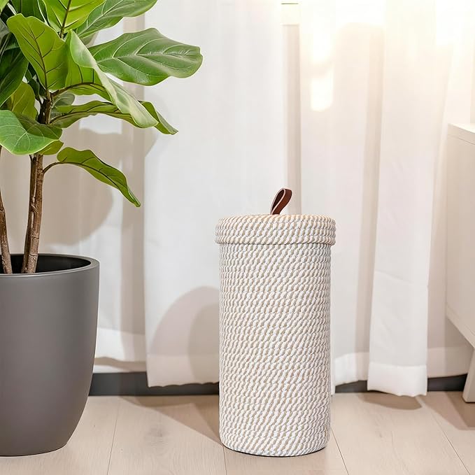 Toilet Paper Holder Handmade – Woven Cotton Toilet Paper Stand & Storage Basket with Lid, Freestanding Organizer for Bathroom, Fits 3 Mega Rolls Gradient Brown 14'' x 7''