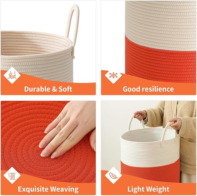 Woven Laundry Hamper Tall Rope Storage Basket for Blanket oys Dirty Clothes in Living Room Bathroom Bedroom (White&Orange, 60L/15.8Gal)