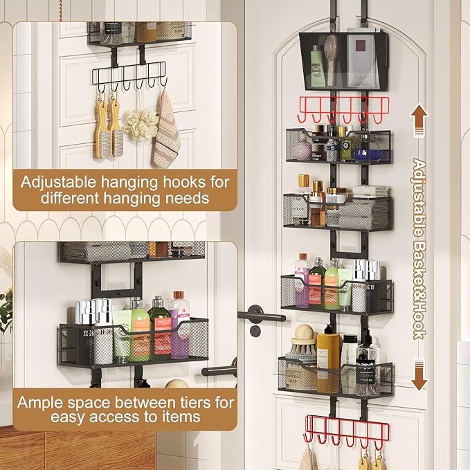 Hongtamoya Adjustable Over The Door Organizer, Closet Door Organizer Heavy Duty Hanging Door Storage with 4 Metal Baskets and PVC Pocket, Behind Organizer for Bathroom Closet Bedroom Cabinet, Black