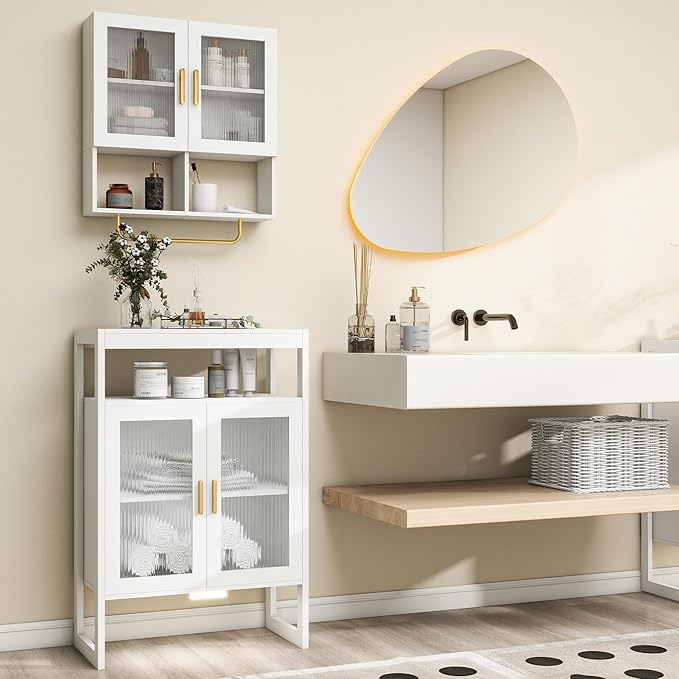 Bathroom Floor Storage Cabinet Freestanding Organizer with Sensor Light & Acrylic Doors for Bathroom, Home Office, Bedside, Sofa Side Table