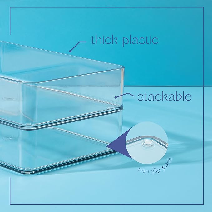 primebox Plastic Clear Acrylic Drawer Organizers. Bathroom, Kitchen, Bedroom, Utensils, Office Organizer Bins, Storage Trays. Heavy Duty, Stackable. 3" x 3" x 2" Set of 6