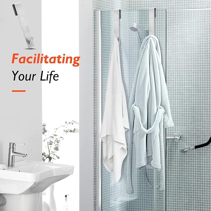 Kontoyo Shower Door Hooks(7.5 Inch),Extended Over Door Hooks for Bathroom Frameless Glass Shower Door,Stainless Steel Towel Hooks,Heavy Duty Rack Hooks for Robe,Towel-4 Pack-Silver