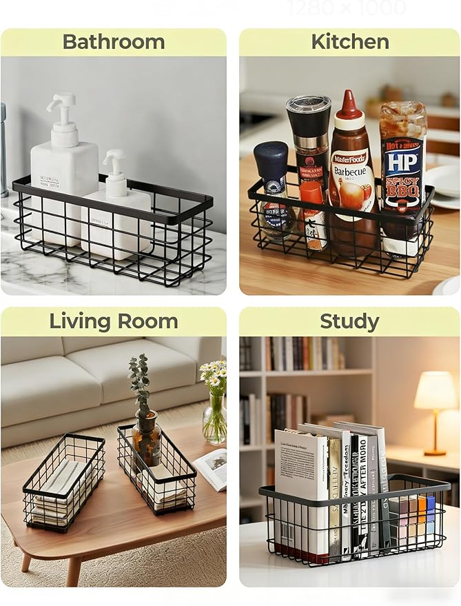 2PCS Hanging Wire Storage Baskets, Metal Wall Organizer, Adhesive Wall Storage Shelves for Kitchen, Bathroom Pantry (Spice Rack, Cabinet Organizer, Shower Caddy) Black-M+L