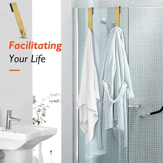 Kontoyo Shower Door Hooks (4 Pcs), 304 Stainless Steel, 7.5x1.18in, Gold, Frameless Glass Door Towel Storage, Lightweight, Heavy Duty, Rust Resistant, Removable, Non Slip