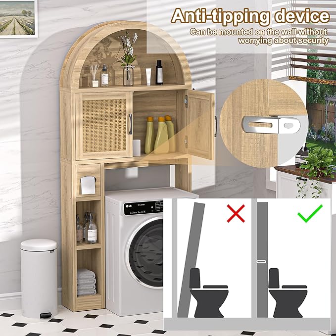 AHB Over The Toilet Storage Cabinet, Freestanding Bathroom Organizer with Adjustable Shelf and Anti-Tip Device, Arched Cabinet with Doors, Space-Saving Toilet Storage for Bathroom, Laundry, Mini Bar