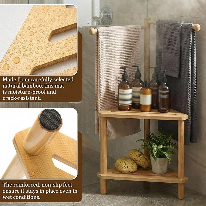 Threehoney 2 Tier 17" x 31" Bamboo Corner Shower Stool Shelf with Towel Bar for Bathroom Wood Foot Rest, Shower Storage Organizer Bench Caddy for Inside, Small Spaces Free Standing