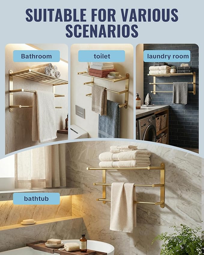 24 Inch Towel Racks for Bathroom: Brushed Gold Towel Rack with Double Towel Bar Wall Mounted - SUS304 Stainless Steel Bath Towel Holder with Shelf for Hotel Lavatory
