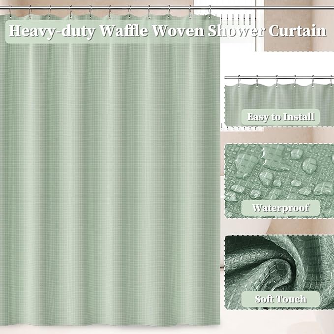 Bathroom Accessories Set, 25PCS Wicker Bathroom Accessory Set with Shower Curtain, Bath Mat, Soap Dispenser, Handwoven Trash Can & Ratten Tissue Box ((Sage Green, Bath Set+Shower Curtain+Rugs)