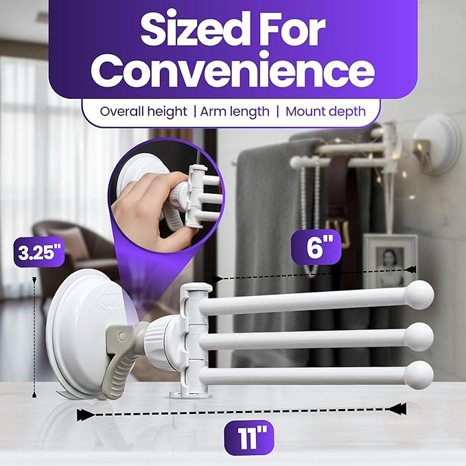 Safe-er-Grip Changing Lifestyles Drip Dry Portable Drying Rack, White with 3 Movable Arms, Swing Arm Suction Cup Towel Bar, Bath Towel Rack Hanger Towel Holder Organizer 11.5x17 Inch (Pack of 1)
