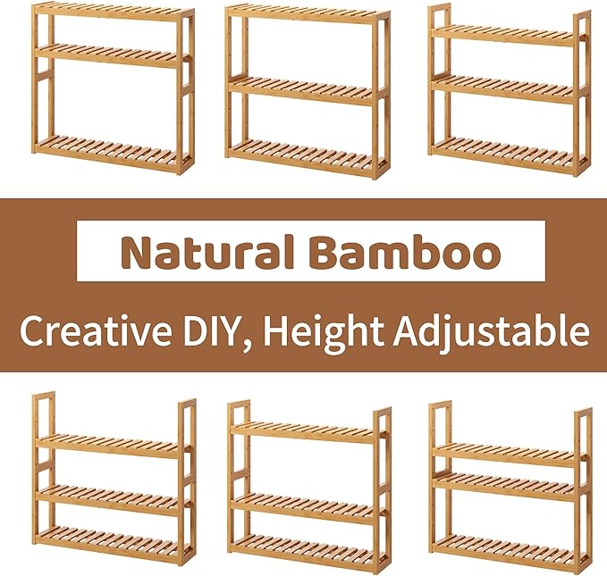 Bamboo Organizer Rack - Adjustable 3-Tier Storage Shelf, Wall Mounted or Over The Toilet, Living Room, Kitchen (Natural)