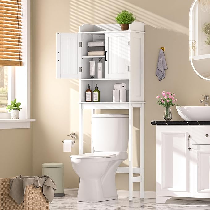 Yardenaler Over-The-Toilet Storage Shelf with Doors, Bathroom Freestanding Space Saver Organizer with Adjustable Shelf, White
