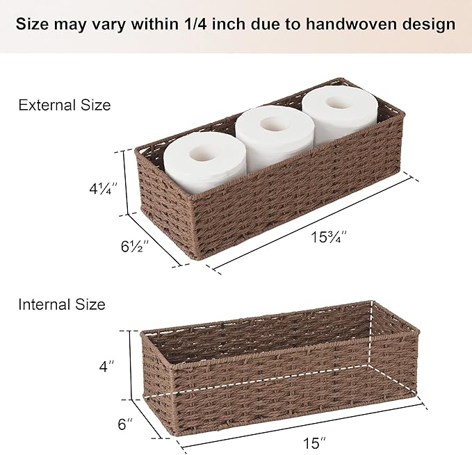 StorageWorks Round Paper Rope Toilet Tank Topper Basket, Wicker Basket for Bathroom, Brown, 2-Pack
