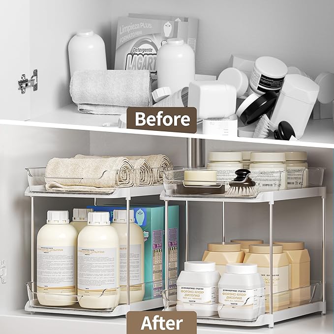 Delamu 2-Tier Bathroom Under Sink Organizers and Storage, Pull Out Cabinet Drawers with Anti-Slip Design, Multi-Purpose Storage for Kitchen, Pantry, Bathroom & Home Organization, Snowy, 1 Pack