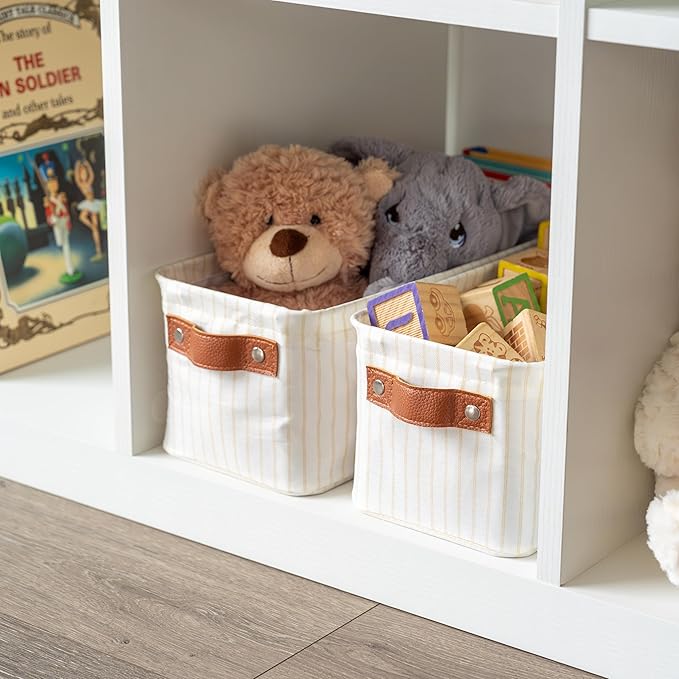 OrganiHaus 15x6in Canvas Storage Baskets 2 Pack | NARROW Fabric Bins for Shelves | Bathroom & Toilet Paper Organizer | White Striped Brown