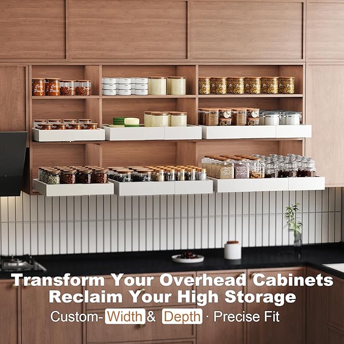 Fokyfok Pull out Cabinet Organizer,Width (11"-18") and Depth (10"-13") Expandable,No Drill Adjustable Slide out Drawers for Pantry,Adhesive Roll out Shelves Short,for upper cabinet,White(1PC)