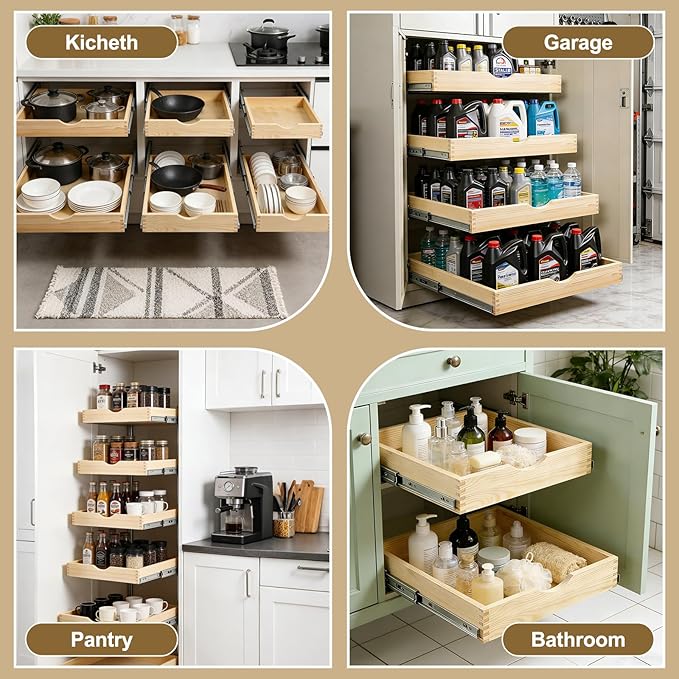 14" Pull Out Cabinet Drawer (Fits 15" Cabinet Opening), Wood Slide Out Cabinet Shelf Organizer with Ball Bearing Slides, Clear Lacquer Finish, Heavy Duty Kitchen Cabinet Pull Out Shelves