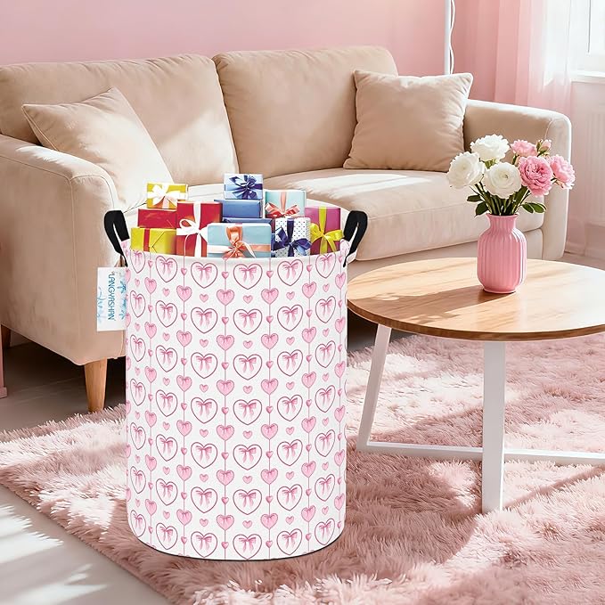 Laundry Basket Canvas Fabric Collapsible Organizer Basket for Storage Bin Toy Bins Gift Baskets Bedroom Clothes Children Nursery Hamper (Pearl Heart)