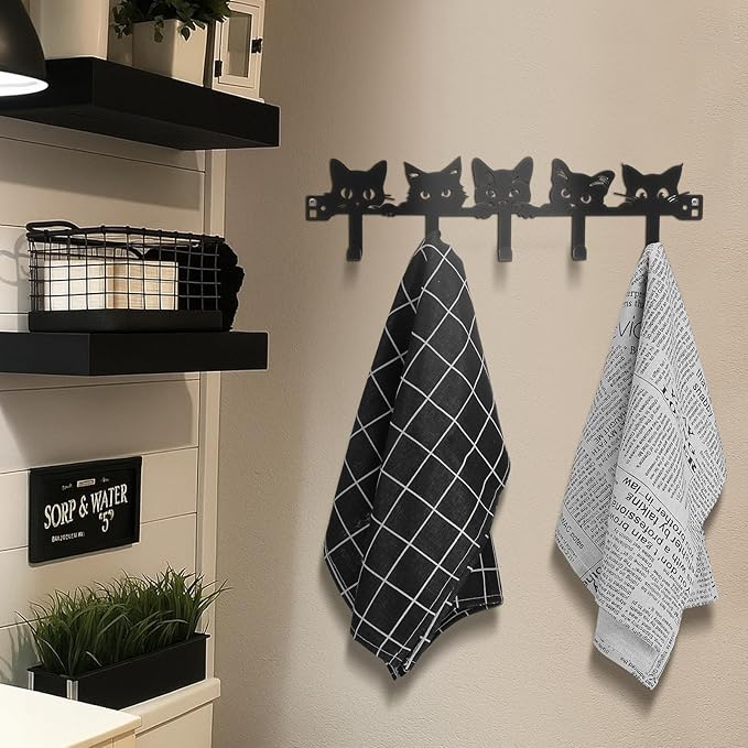 AceOrbit Cat Over The Door Hooks Hanger Wall Mount Towel Hanger Door Holder Organizer 5 Hooks Kawaii Farmhouse Rustic Coquettish Style Decor for Bedroom Bathroom Towel Hat Clothes