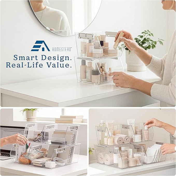 HOMESTEAD Set of 8 Stackable Storage Bins, 4 Large + 4 Small Clear Plastic Organizer Bins, Open Front Design for Kitchen Pantry, Fridge, Cabinet, Bathroom Organization and Bulk Snack Storage