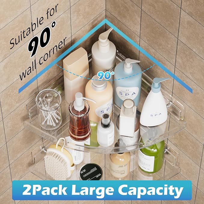 Durmmur 2 Pack Acrylic Corner Shower Caddy, Clear Corner Shower Shelf with 4 Hooks, Adhesive Wall Mounted Bathroom Shower Shelf Organizer for Inside Shower & Kitchen Storage
