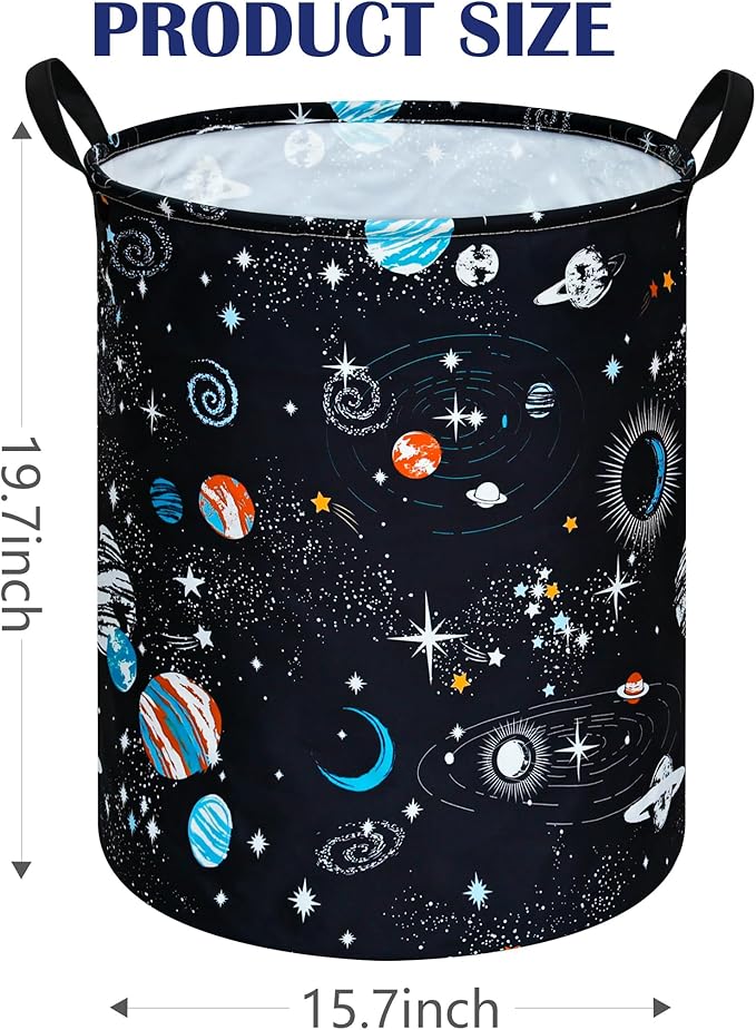 Kids Laundry Hamper Storage Basket Laundry Organizer Hamper Storage Bins Clothes Box Nursery Hamper Gift Basket with Handles (Black planet)