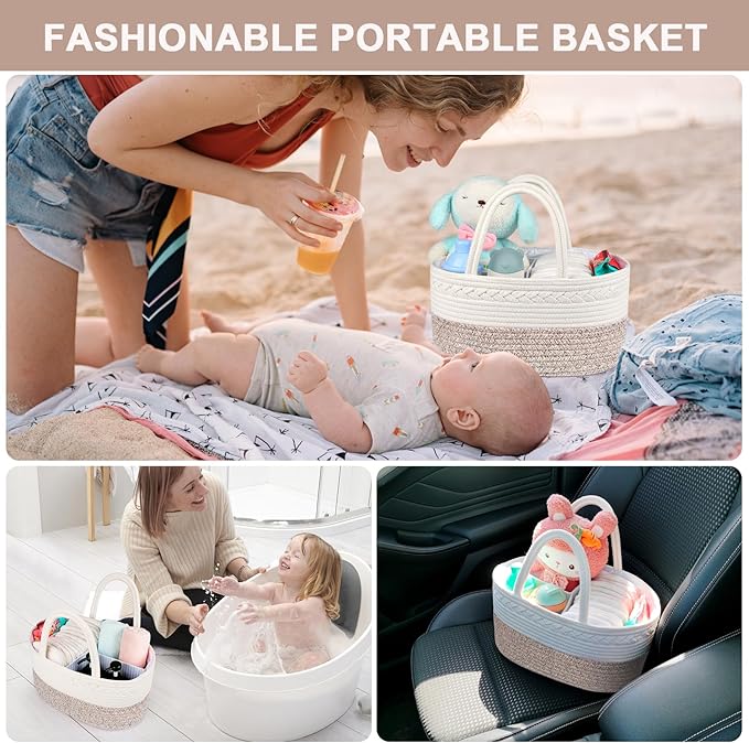 ABenkle Diaper Caddy Organizer, Boho Rustic Cotton Rope Nursery Baby Basket, Changing Table Organizer for Baby Diaper Storage and Baby Shower