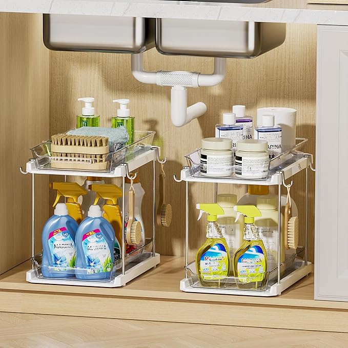 Delamu Under the Sink Organizer, 2-Tier Pull-Out Cabinet Drawers with Adjustable Shelf & Hooks, Under Sink Cabinet Organizer for Bathroom, Kitchen, Vanity & Every Household(White, 2 Pack)