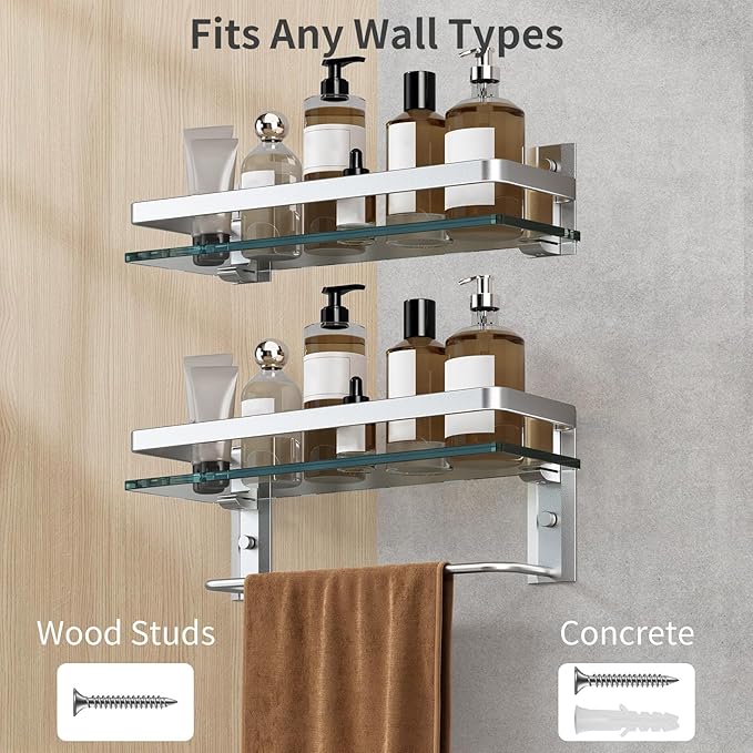 Danpoo Bathroom Shelves Wall Mounted, Clear Tempered Glass Shelf with Towel Bar, Hand Towel Holder(Matte Silver)