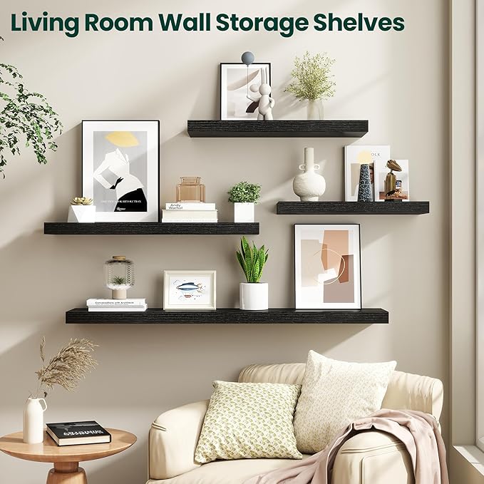 Floating Shelves for Wall 24 in x 9.3 in Deep, Wall Mounted Rustic Wood Shelf with Invisible Brackets for Storage & Display, Living Room Bedroom Bathroom, Black, 2 Pack