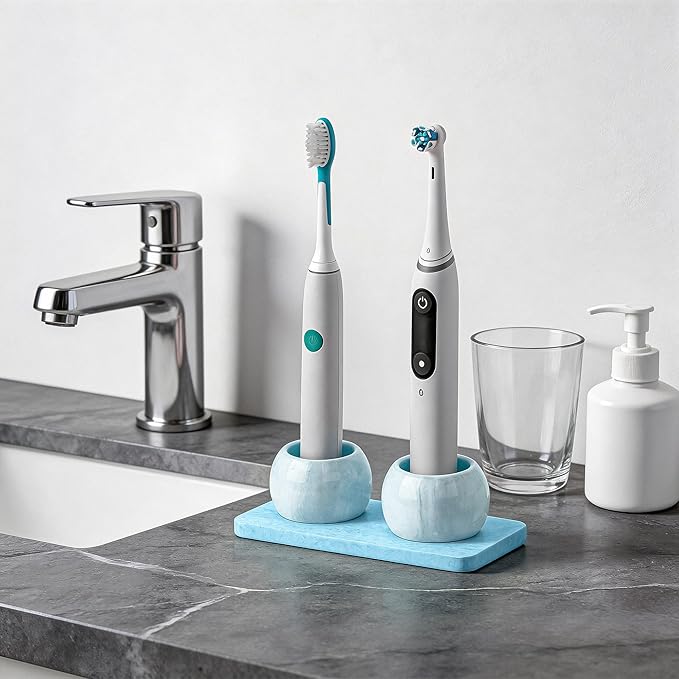2 Pack Ceramic Toothbrush Holder with Diatomite Toothbrush Tray for Bathroom Shower Countertop Storage Organizer, Small Toothpaste Razor Electric Tooth Brush Head Stand (Blue)